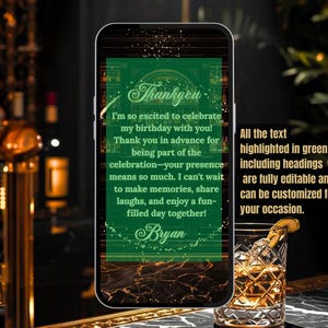 Peut inclure: Un smartphone affiche une invitation d'anniversaire num&eacute;rique avec du texte vert sur un fond sombre. L'invitation dit "Thankyou" et comprend un message personnalis&eacute;. Un verre &agrave; cocktail avec une garniture au citron est au premier plan.