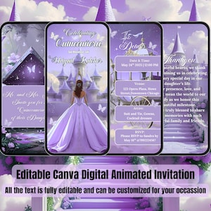 May include: A digital invitation design for a Quinceañera, featuring a princess in a lavender gown in front of a castle. The design includes butterflies, floral accents, and event details. Text on the invitation reads "Celebrating Quinceañera in honour of Abigail Katcher."
