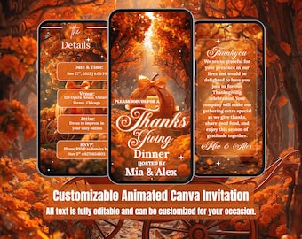 Thanksgiving Invitation – Orange Bow Pumpkin Carriage Video Invite – Fall Dinner Party – Thanksgiving 2025 Evite – Editable Canva Template