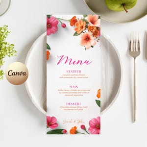 May include: A floral menu card with pink and orange flowers, set on a white plate with cutlery. The menu lists starter, main, and dessert options. The names "Sarah & John" are at the bottom. The word "Menu" is written in pink cursive.