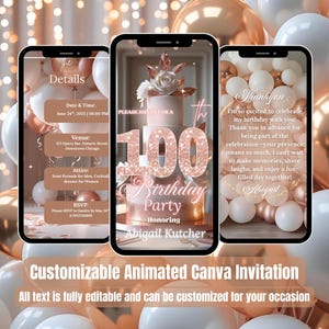100th Birthday Invitation for Her – Rose Gold Video Evite – Editable Digital Template – Elegant Birthday Brunch or Dinner Party Invite