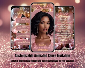 Pink & Gold Birthday Invitation for Her – Girl Video Evite with Photo – Glam Birthday Brunch Dinner – Canva Template – Women Party Invite