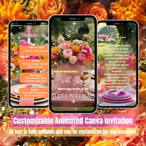 Bridal Shower Invitation – Pink Orange Animated Video – Editable Floral Brunch, Garden Party, High Tea Template – Digital Invite