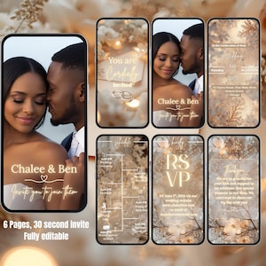 以下が含まれることがあります： スマートフォン画面に表示されたデジタルウェディング招待状スイート。デザインはカップル、フローラルアクセント、そして「Chalee & Ben」と「Invite you to join them」というテキストが特徴です。招待状は6ページで、完全に編集可能です。