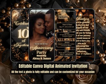 Invito per anniversario di matrimonio – Invito video modificabile – Toni nero e oro – Celebrazione del 1°, 10°, 25° e 50° anniversario – Rinnovo dei voti – We Still Do