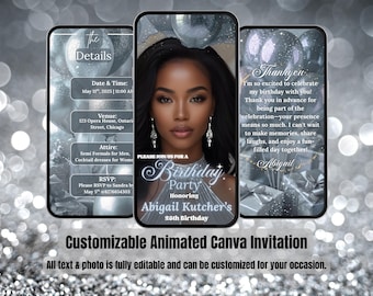 Silver Glitter Birthday Video Invitation – Glam Women's Evite (Canva Template)