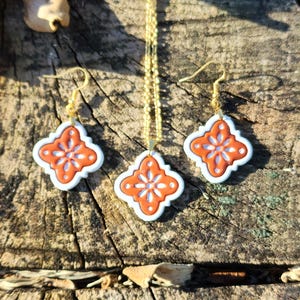 Portuguese Tile Polymer Clay Necklace & Earrings Set | Handmade Terracotta Minimalist Jewelry | Unique Gift bohemian style
