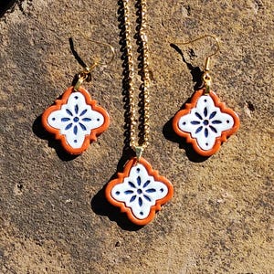 Portuguese Tile Jewelry Set – Azulejo Pendant & Earrings – Hand Painted Clay Jewelry – Free Shipping – Terracotta and Cobalt Blue