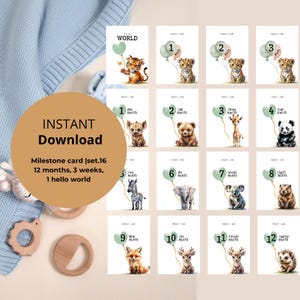 Può includere: Un set di 16 biglietti di pietre miliari con illustrazioni di animali. Ogni biglietto presenta un animale diverso che tiene in mano un palloncino con un numero di mese. I biglietti sono progettati per le foto dei bambini e includono testo come "Hello World" e "Instant Download."