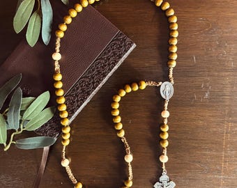 Handmade Wooden Rosary | Brown Wood Bead Rosary with Our Lady Medal | Durable Catholic Prayer Beads | Unique Crucifix