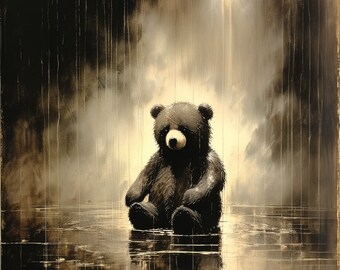 The Sad Teddy Bear, Set of 16 Print Yourself, Instant Download, dark, rain