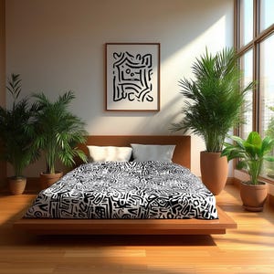 Modern Abstract Black and White Microfiber Duvet Cover, Minimalist Bedroom Decor, Art-Inspired Bedding, Drawing Pattern
