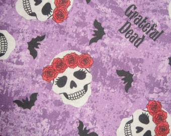 Skulls and Roses and Bats on Purple Halloween Fabric, Halloween, Skulls, Roses, fabric by the yard, cotton fabric, quilting fabric