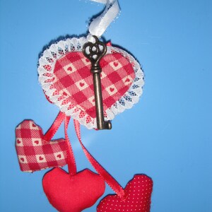 Valentine Hearts and brass skeleton key to my heart accessory / Hearts / Valentine Gift / Anniversary / Love / Red