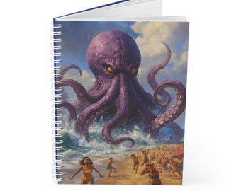 Riesen Lila Oktopus Beach Attack Spiralblock | Nautische Monster Illustration
