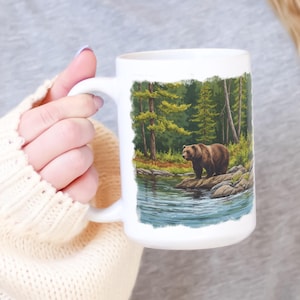 Bear in Forest Coffee Mug for Nature Lover Gift for Animal Lover Present, Wilderness Rustic Cabin Decor Alaska Wildlife Gift for Friend