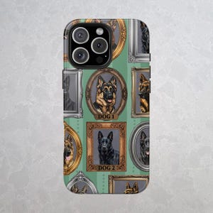 May include: A phone case featuring a repeating pattern of German Shepherd portraits in ornate frames against a green striped background. The case includes the text "DOG 1" and "DOG 2". The case has a glossy finish and a camera lens cutout.