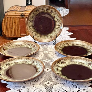 Piatti da insalata vintage in ceramica Cannonsburg, bicolore marrone, con smalto a goccia, 19 cm, set da 5