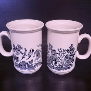 Vintage Churchill Blue Willow Mugs, 8 oz, Set of 2, Cobalt and White