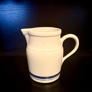 Vintage Friendship Pottery Pitcher, Navy Stripe,  ceramic, 9 inch. Roseville Ohio
