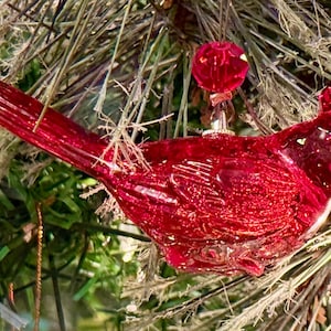 May include: A red cardinal Christmas ornament with a glittery finish. The bird-shaped decoration is hanging on a green Christmas tree with white and gold accents. The ornament has a black beak and a white outline.