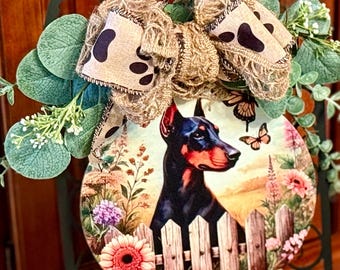 Handcrafted Doberman  Welcome Wall Decor-Wreath, 9x16 inch, Metal Base, Black,  Dog Lover Gift