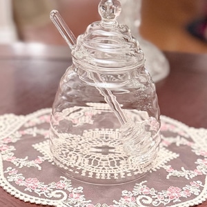 Handcrafted, Handblown  Honey Jar, 6x3, 7 oz inches, Glass Dipper, Clear, Removable Lid