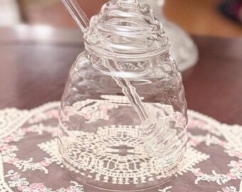Handcrafted, Handblown  Honey Jar, 6x3, 7 oz inches, Glass Dipper, Clear, Removable Lid