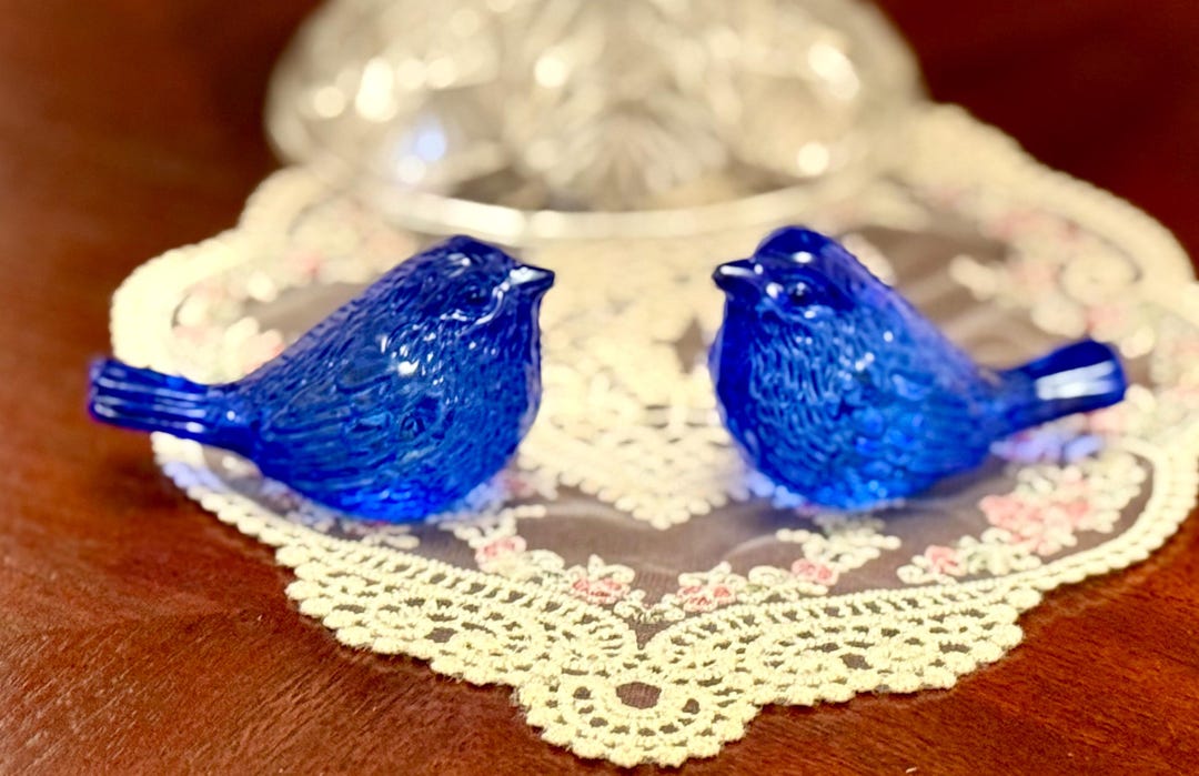 Handblown, Etched, Set of 2, Bluebird of Happiness, Detailed Glass Bird ...