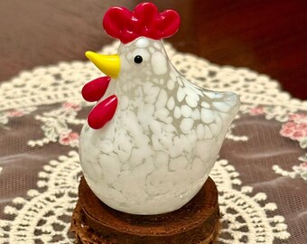 Cutest Miniature Rooster  Ever!  Hand Blown Art Glass, 2.4x1.6 Inch. White with Red Comb