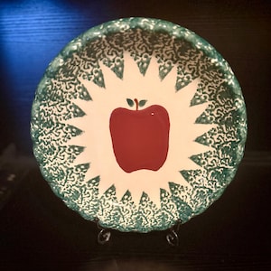 Vintage Ceramic Spongeware Pie Plate , Apple, Green 11 inch