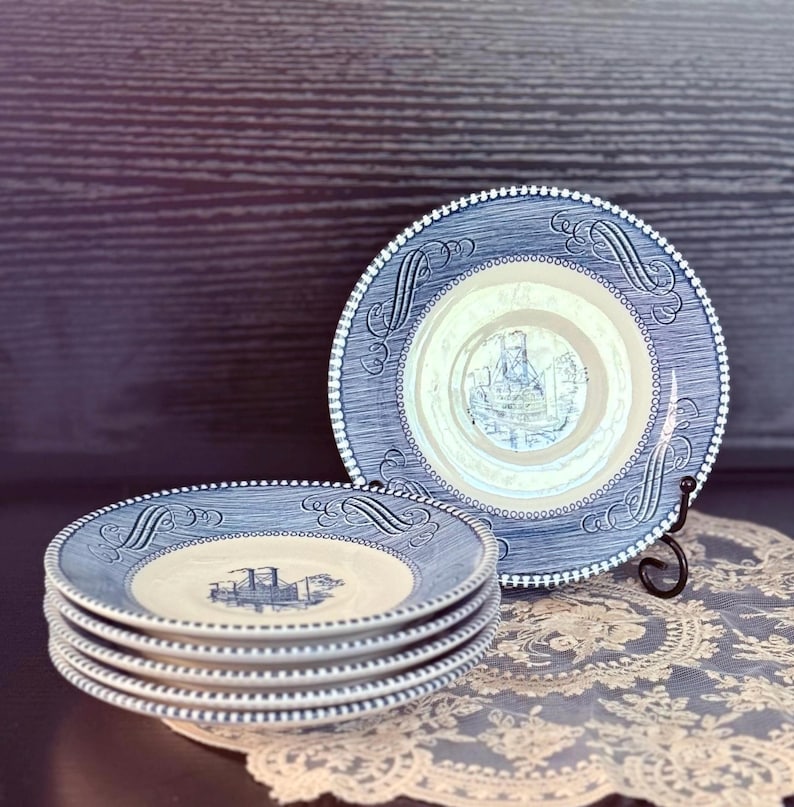 Vintage Currier & Ives Plates Set: Cobalt Blue Nautical Ceramic, 6 inch