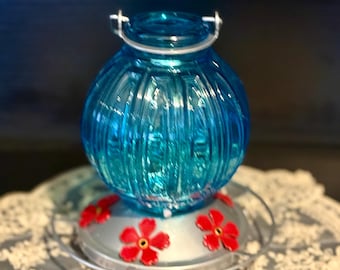 Handcrafted Carolina Blue Glass Hummingbird Feeder: 26 oz, 4 Ports