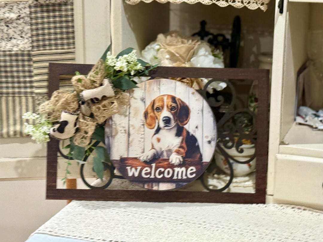 Handcrafted Beagle Welcome Sign-wreath, 9x16 Inch, Wood, Tin, Burlap ...