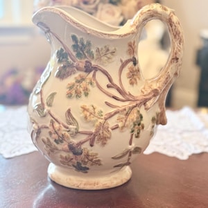 Vintage Ceramic Pottery Pitcher,9x7in, White, Embossed, Woodsy Lodge Outdoor Theme
