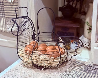 Farmhouse Rustic Wire Rooster Egg Basket with Clutch of Eggs, 11x12, Ready to Display