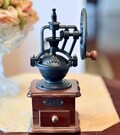 Vintage Working Coffee Grinder, Wheel Crank, Wrought Iron and Wood Base