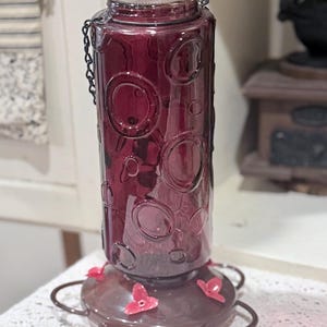 Handcrafted Ruby Red Round Glass Hummingbird Feeder, 10x3 inch, 4 Ports, Embossed Circles