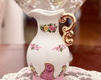 Vintage Porcelain Pitcher, Handpainted, Pink Floral, Gold Trim, 5.5x3 inch