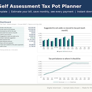 May include: A digital UK Self Assessment Tax Pot Planner Excel template dashboard. It displays financial data, including profit, estimated tax bills, and tax pot balances. The interface features a bar chart comparing suggested versus actual tax savings and a line graph tracking tax pot balances over time with monthly data points.