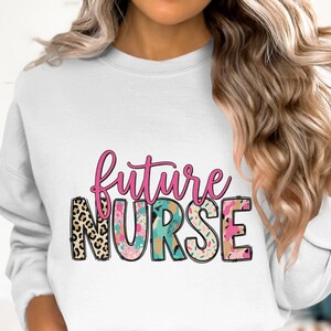 Camiseta de estudiante de enfermería, futura enfermera, cuello redondo, letras de patchwork.