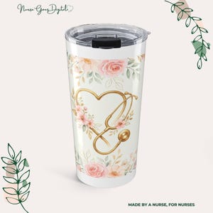Personlig sjuksköterskemugg 20oz isolerad resemugg i rostfritt stål, personlig initial, monogram, blommig akvarell, roséguldskrift, graverad