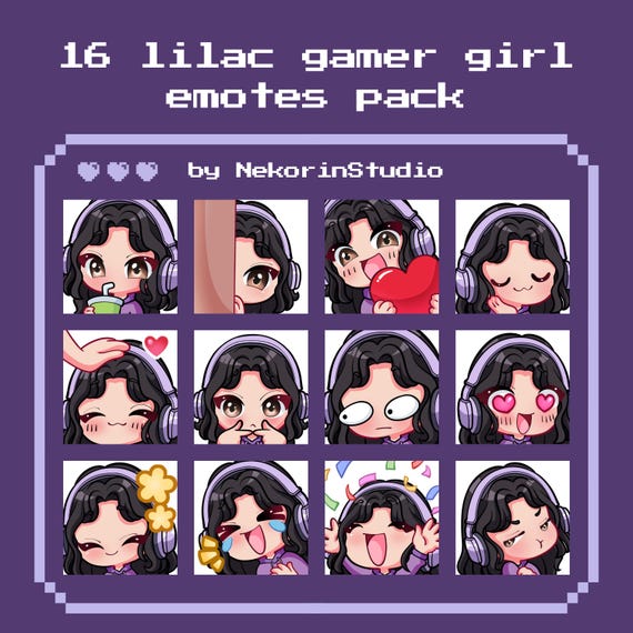 almost FREE sample Lilac Gamer Girl Emotes Pack: Kawaii Twitch/Vtuber Emotes (Digital Download)
