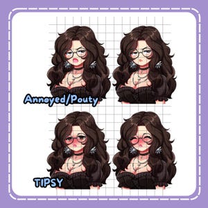 May include: A digital illustration sheet featuring four character portraits of a person with long wavy dark brown hair, round glasses, and a black top. The top row is labelled Annoyed/Pouty, and the bottom row is labelled Tipsy, showing varied facial expressions.