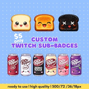Könnte beinhalten: Eine Sammlung von benutzerdefinierten Twitch-Sub-Badges mit animiertem Toast und Dr. Pepper-Soda-Dosen. Die Toast-Badges umfassen eine Brotscheibe, Toastbrot und verbrannten Toast. Die Soda-Dosen haben verschiedene Geschmacksrichtungen.