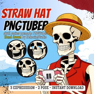 Tête de mort chapeau de paille PNGTuber Avatar | Modèle squelette de pirate tout prêt (téléchargement numérique)