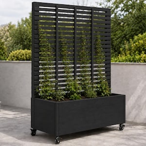 Peut inclure: Une jardinière rectangulaire noire sur roulettes dotée d'un treillis vertical haut avec des lattes horizontales. Quatre plantes grimpantes vertes sont plantées dans le bac et poussent le long de la structure en bois noire.