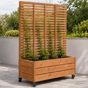 Puede incluir: Una jardinera rectangular de madera con un enrejado vertical integrado de listones horizontales. La estructura de madera marrón natural está montada sobre cuatro ruedas giratorias negras, con plantas trepadoras verdes en el enrejado.
