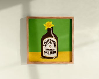 May include: A framed illustration of a brown glass bottle with a yellow flower on top. The bottle is labeled "Stumptown Coffee Roasters Original Cold Brew Coffee". The background is green and yellow.