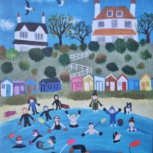 May include: A whimsical painting depicts a coastal scene with swimmers in the water. Colorful beach huts line the shore, with houses on a hill in the background. The sky is blue with clouds and seagulls.